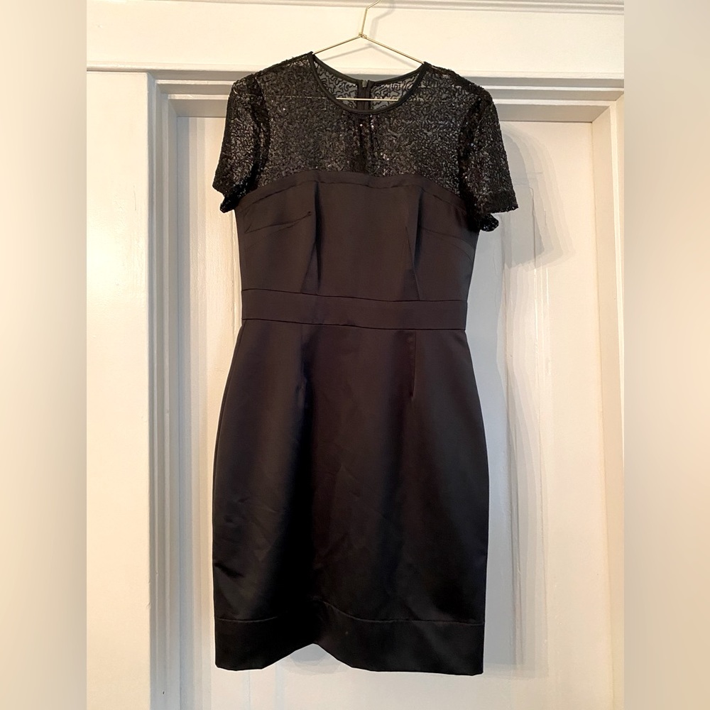 Black Trina Turk Satin and Mesh Sequin Short Sleeve Cocktail Dress Size 6
